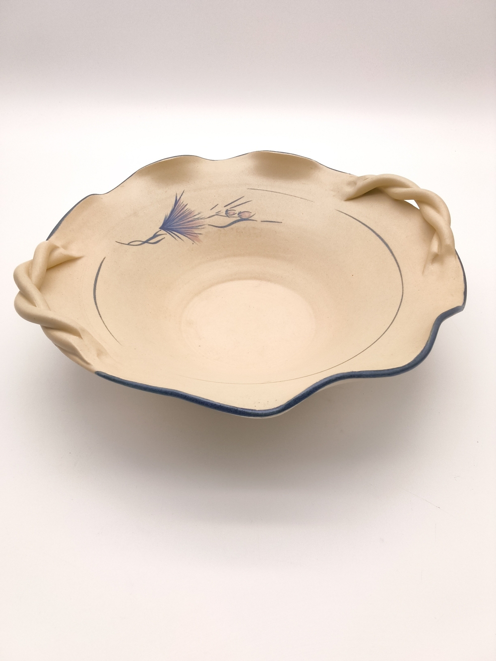 Studio Art Pottery Fluted Serving Bowl with Twisted Handles - Hand Painted